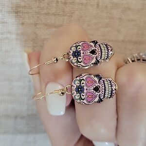 Sugar Skull Pink and Gold Earrings